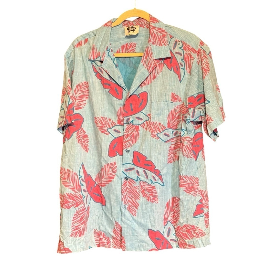 Vino Hilo Hattie Men XL Blue Salmon Floral Button Hawaiian Shirt USA Casual